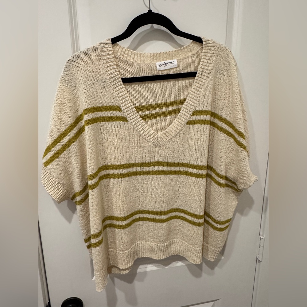 CARLY JEAN LOS ANGELES CJLA Cream and Olive Striped V-Neck Sweater